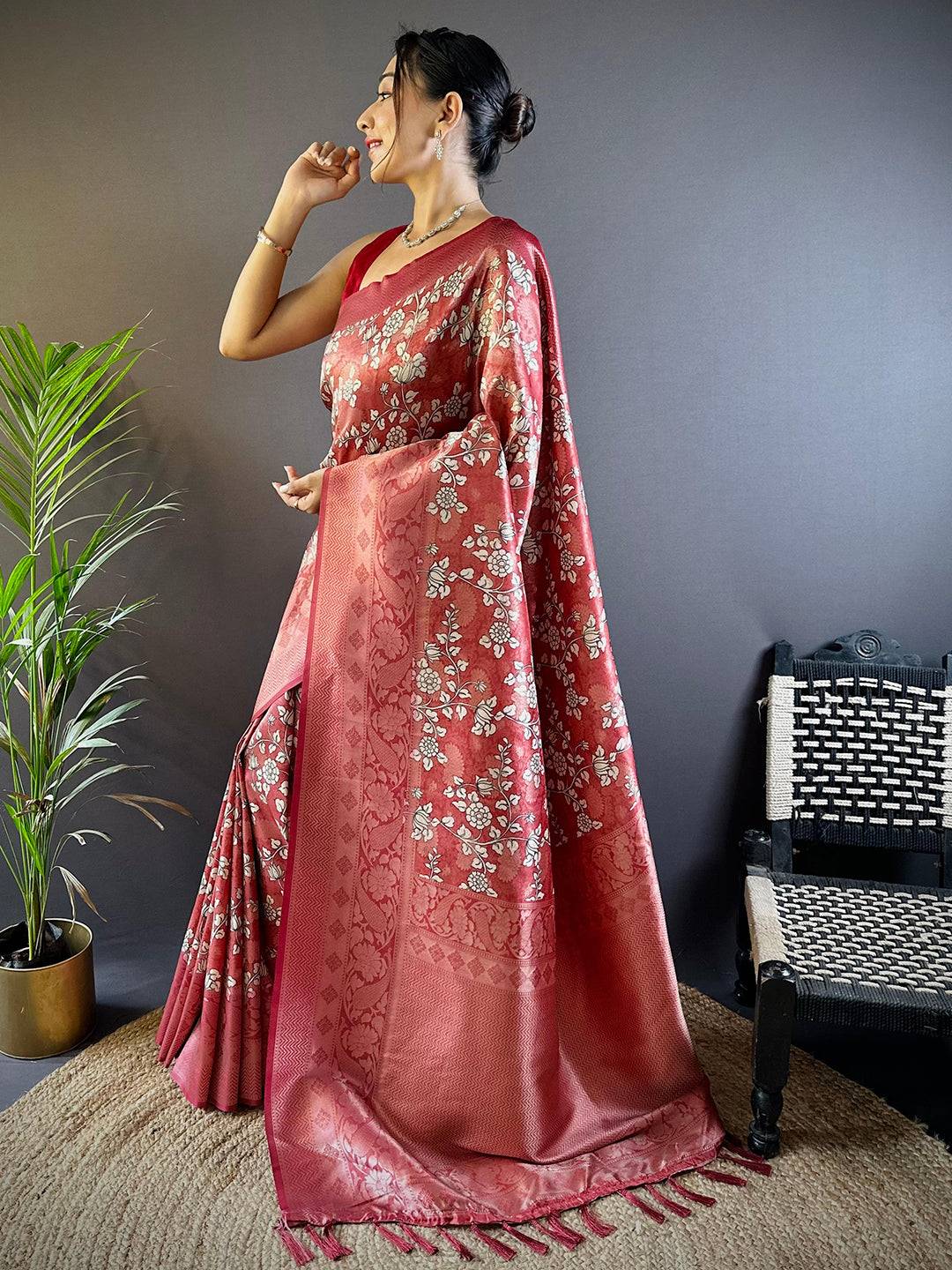 Rose Red Digital Print Silk Saree