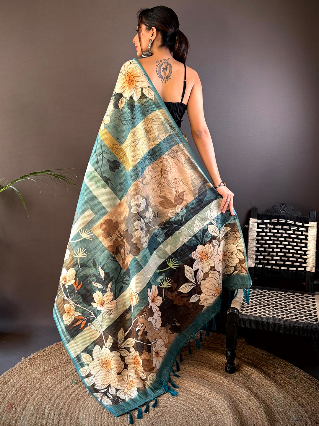 Teal Blue Semi-Gold Zari Abstract Tussar Saree