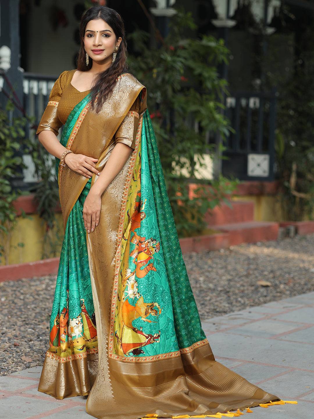 Viscose Dola Silk Turquoise Saree with Floral & Mughal Print