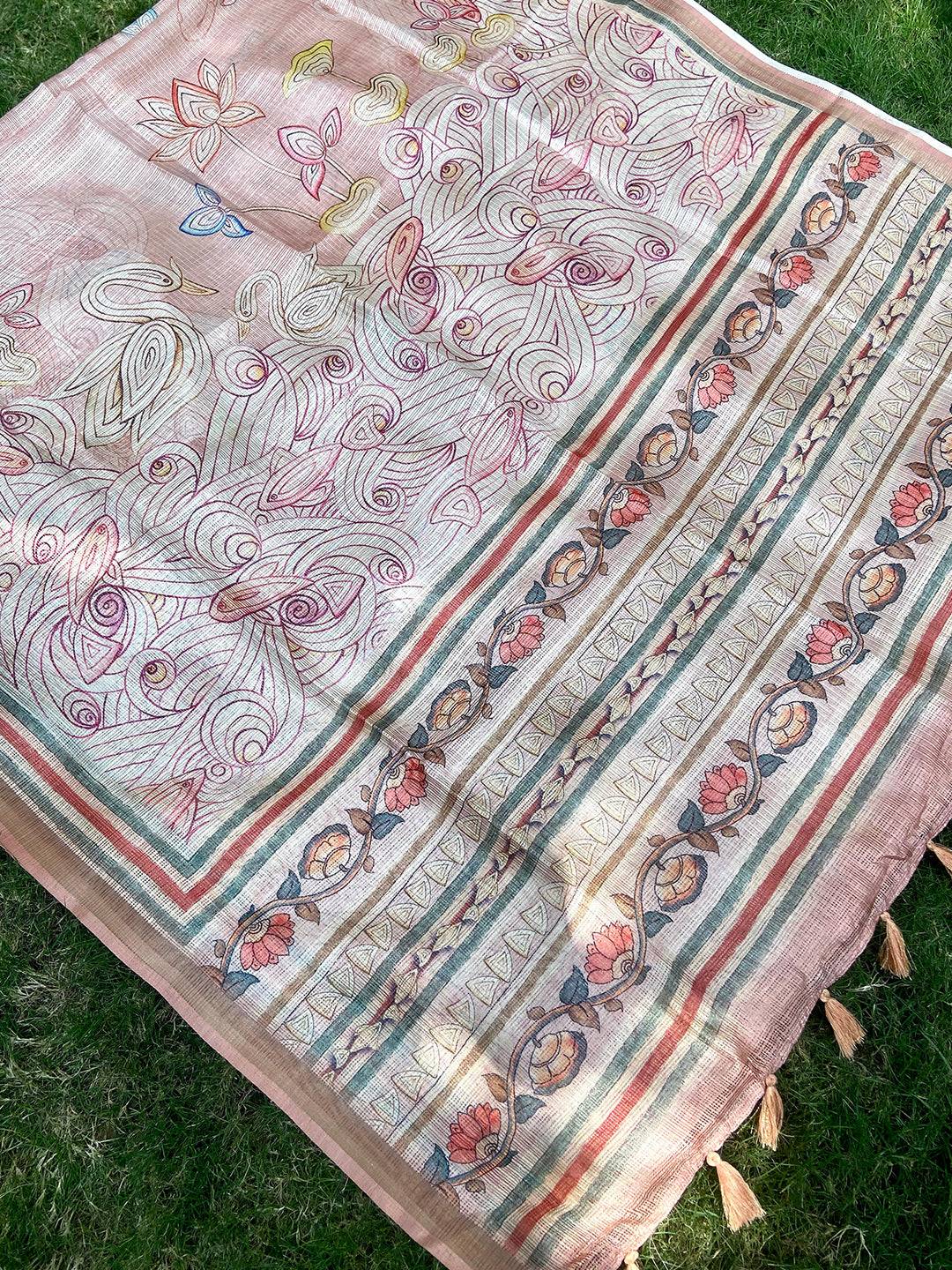 Peach Kota Doriya Silk Saree With Flower Kalamkari Print