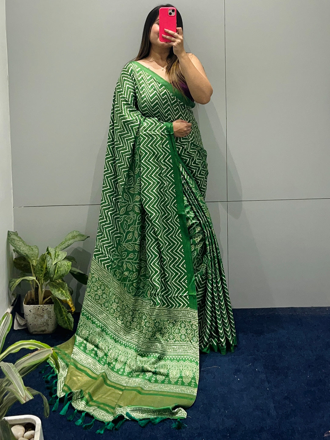 Manipuri silk saree in green with detailed foil print