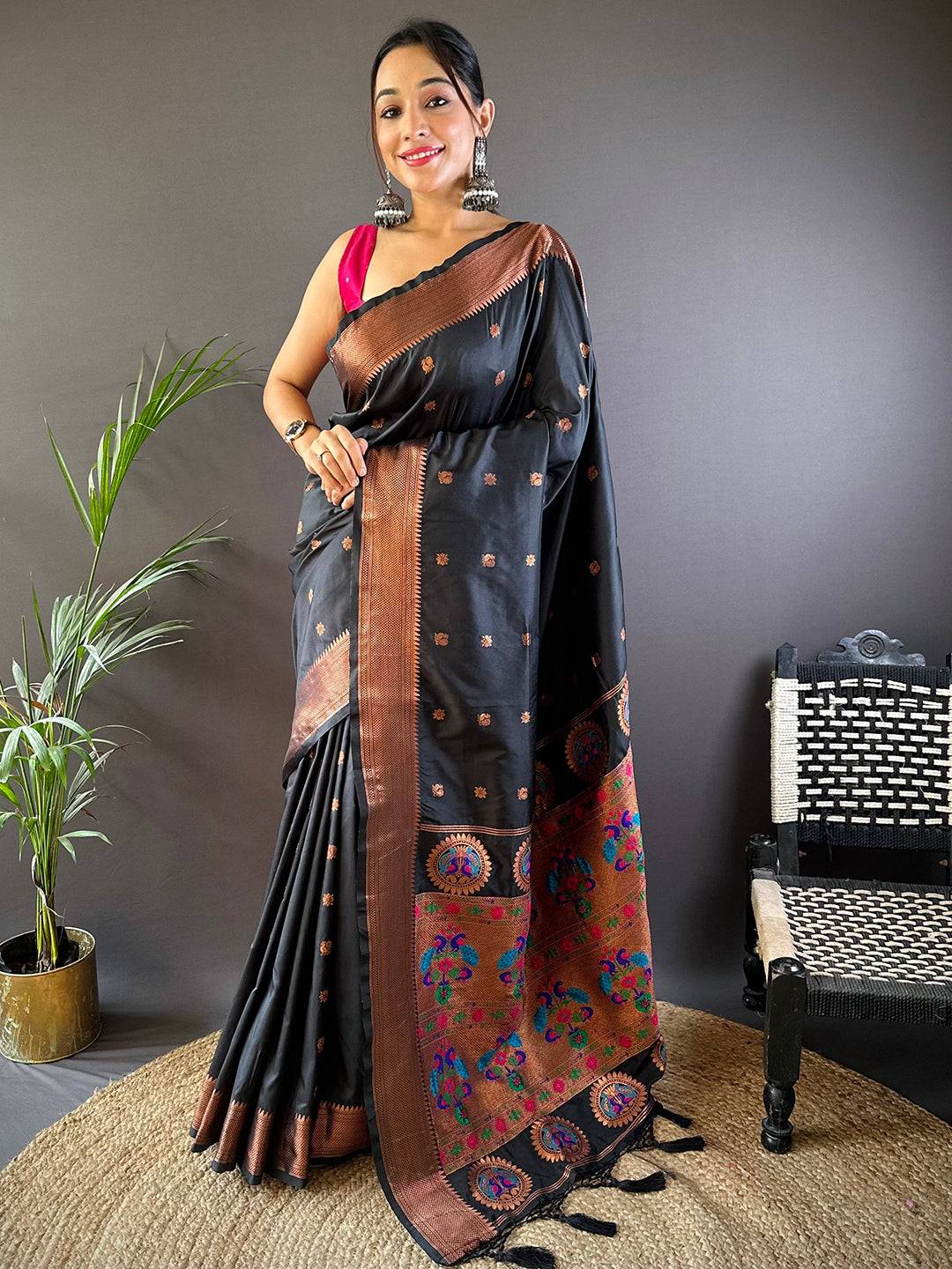 Raven Black Copper Elegance Soft Silk Saree