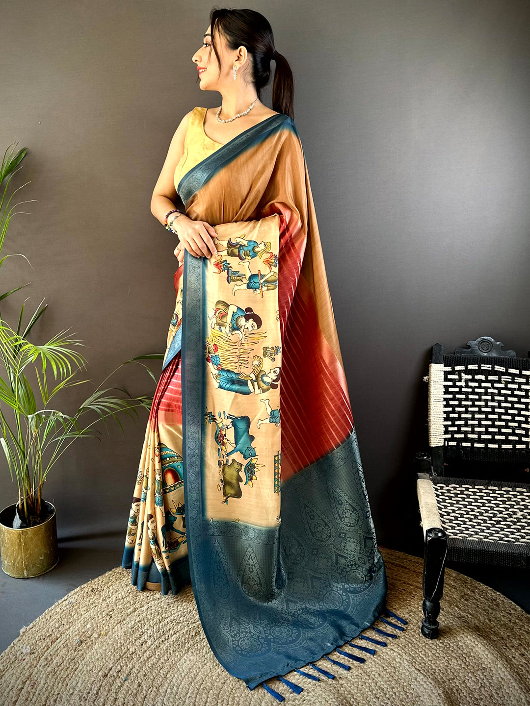 Coffee Brown Kalamkari Ombre Soft Silk Saree