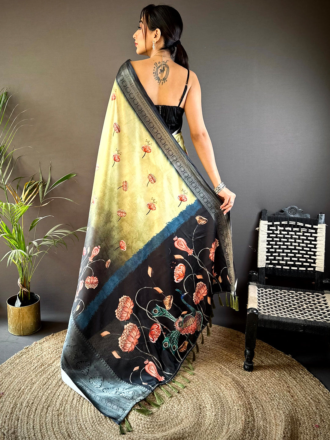 Pista Soft Silk Floral Ombre Print Saree