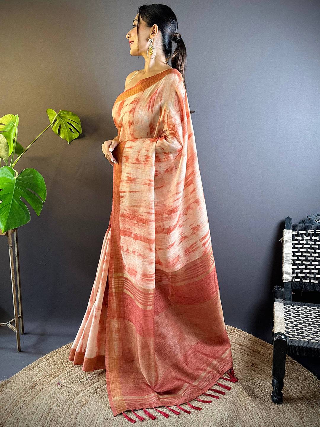 Rust Shibori Print Linen Saree