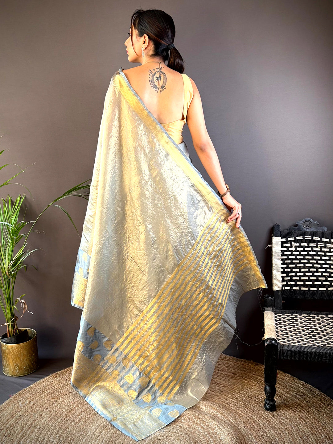 Gold Tissue Saree With Jacquard Woven Work