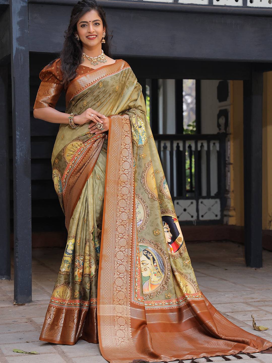  Olive Viscose Dola Silk Saree With Zari Weaving Pallu