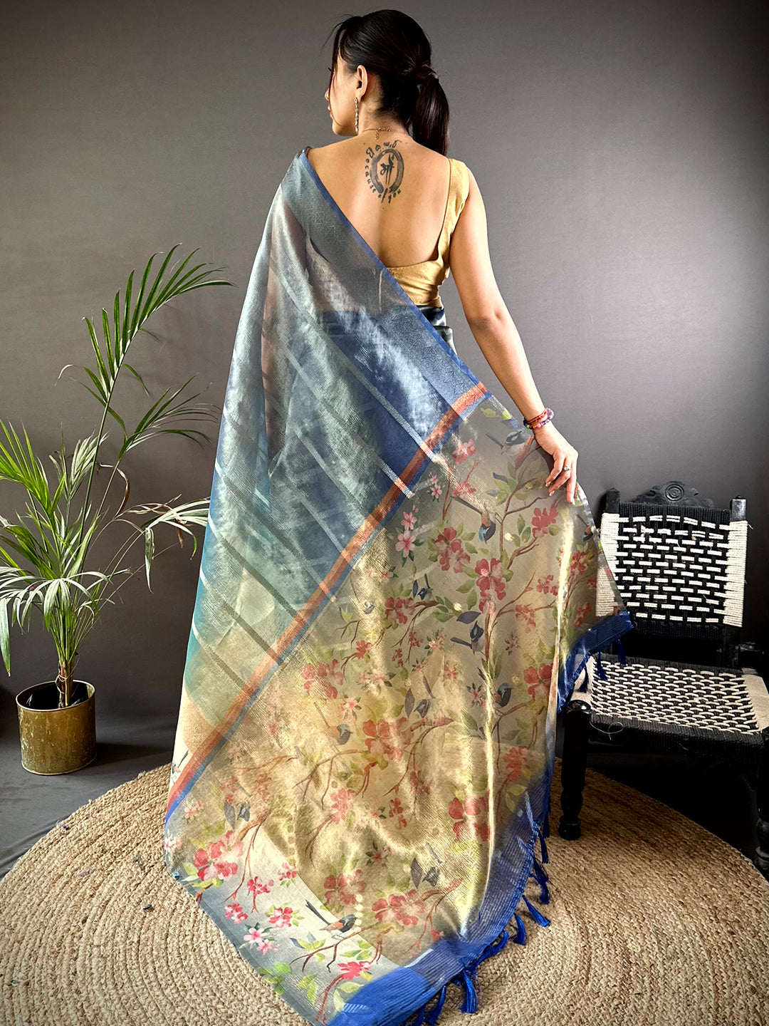 Blue Ombre Zari Tissue Digital Print Saree