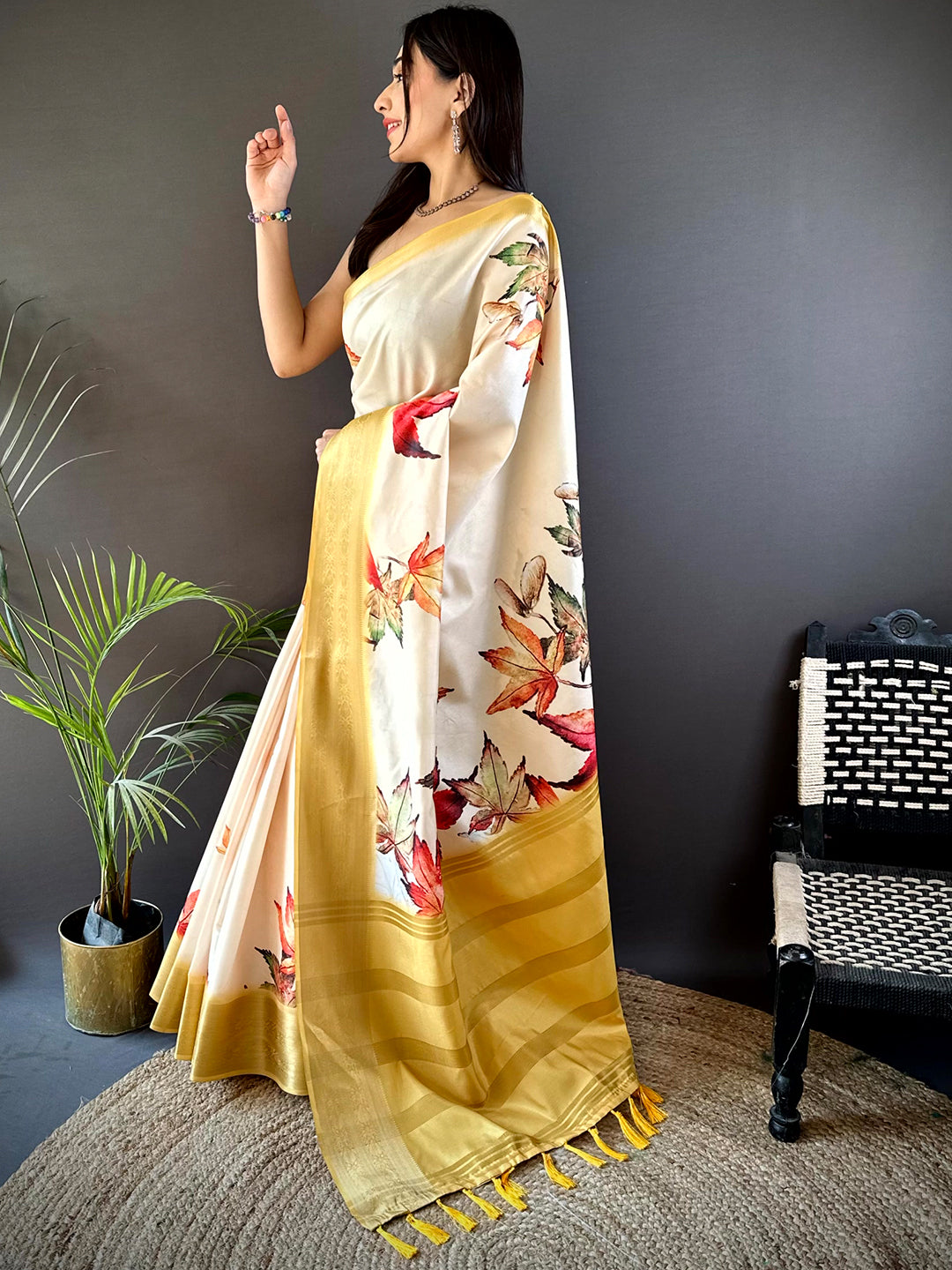 Cream Soft Silk Digital Leaf Print Saree