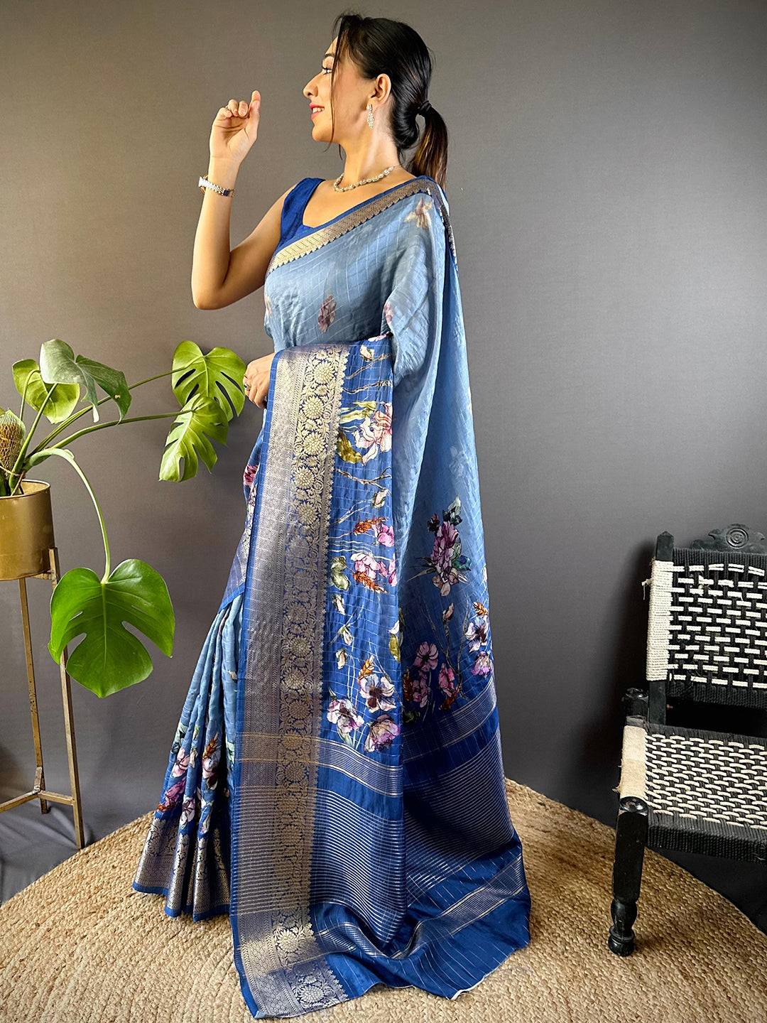 Blue Daisy Floral Zari Chex Saree