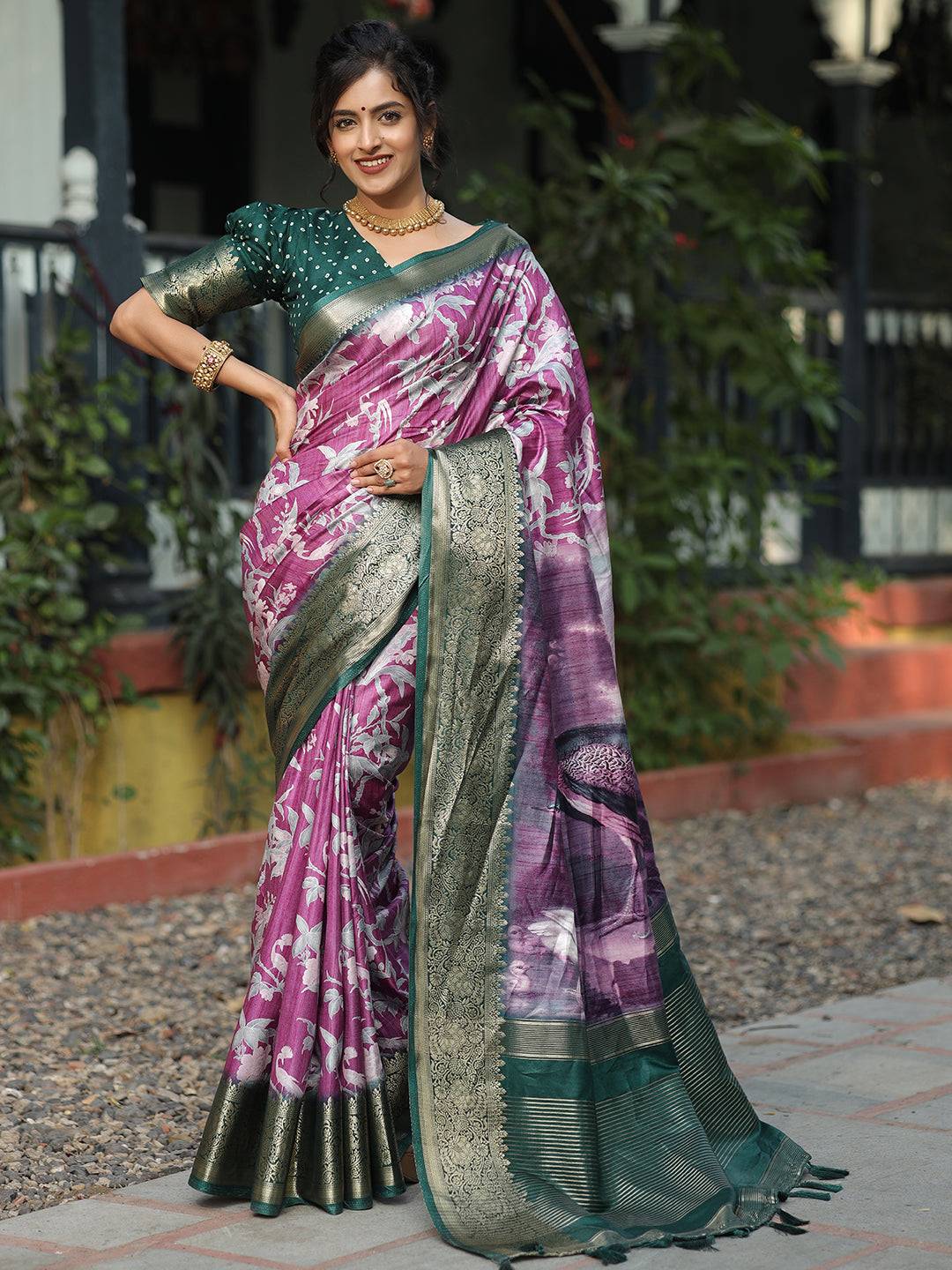 Viscose Dola Silk Purple Saree with Floral and Mughal Print