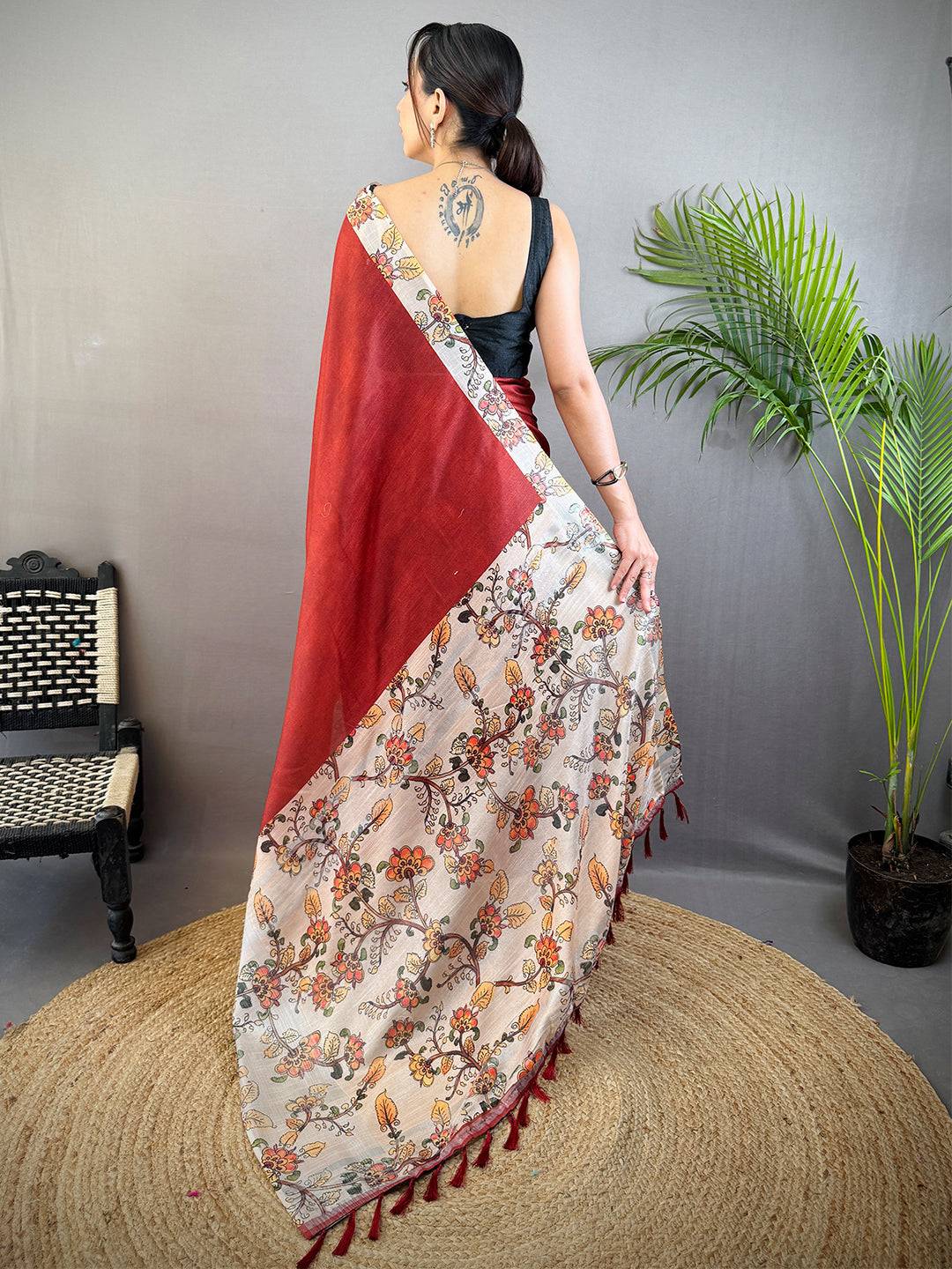 Maroon Linen Kalamkari Print Saree