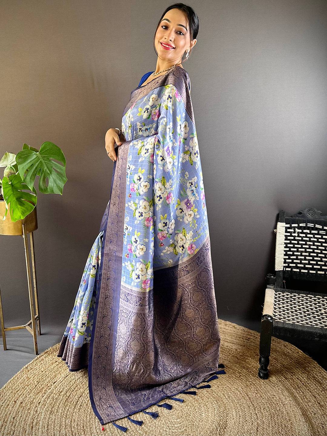 Serene Steel Blue Floral Elegance Saree