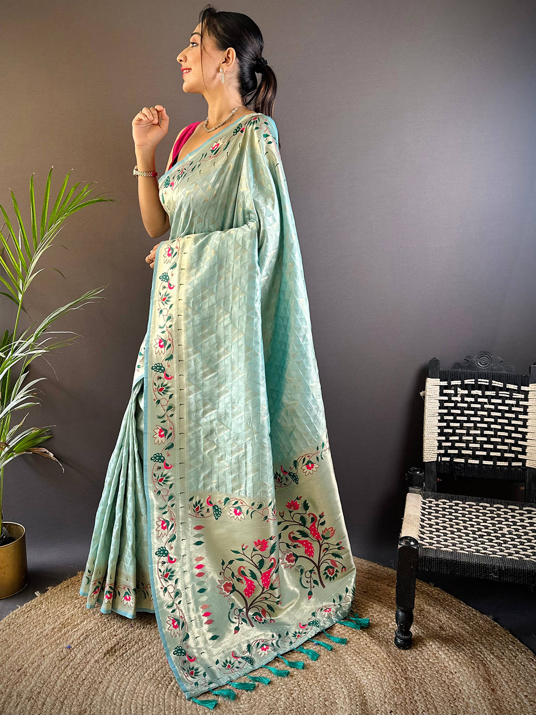 Traditional Sky Blue Silk Blend Paithani Saree