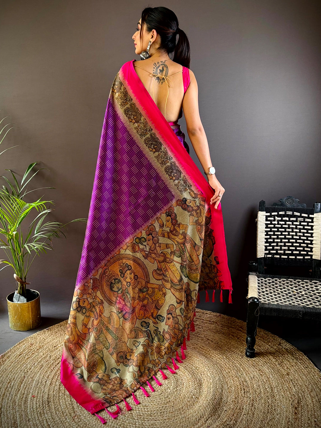 Purple Soft Silk Kalamkari Pallu Saree