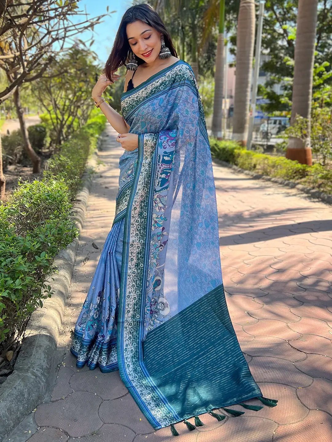 Elegant Blue Kalamkari Saree in Satin Kota Doria