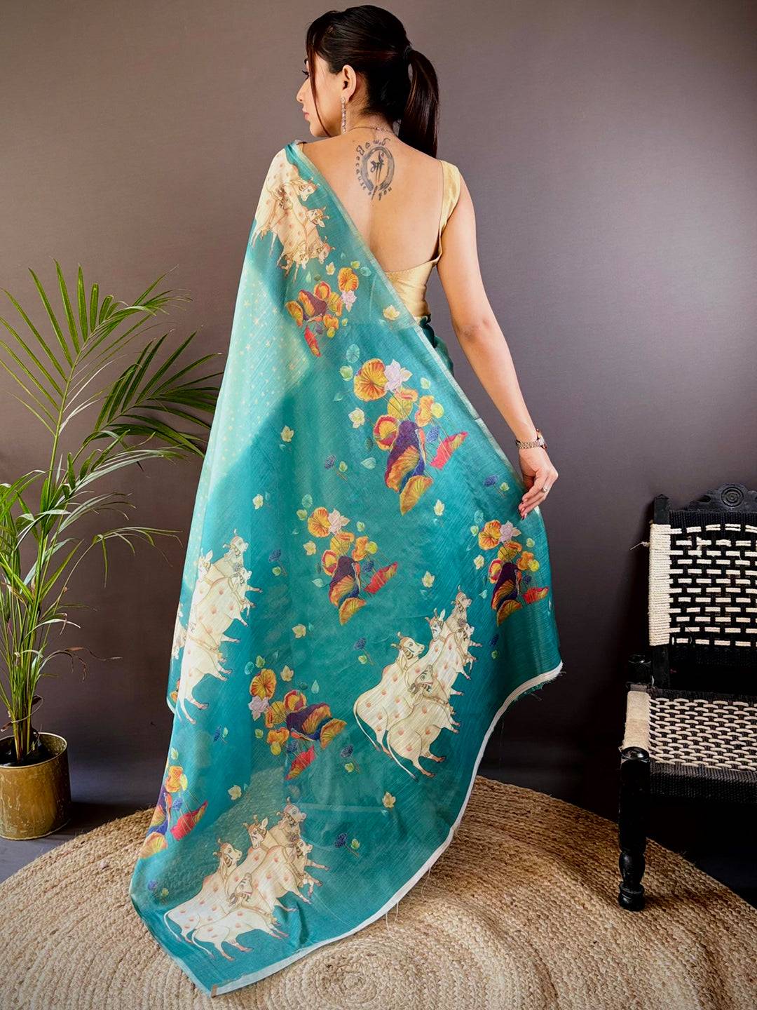 Sky Blue Chanderi Pichwai Print Saree