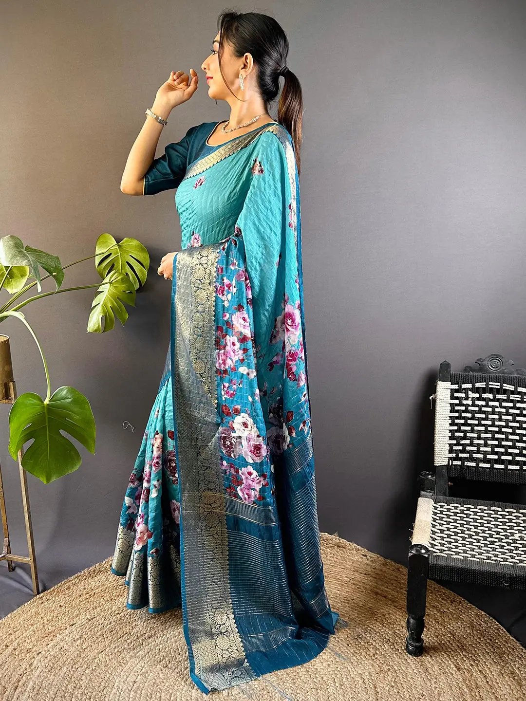 Turquoise Floral Zari Chex Saree