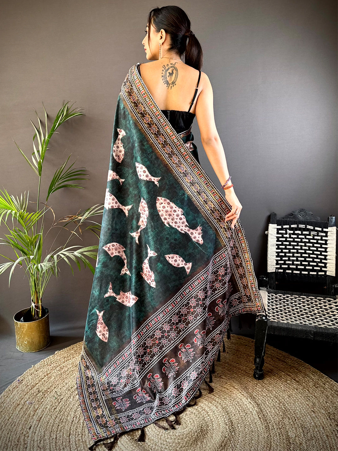 Dark Green Soft Silk Fish Kalamkari Saree