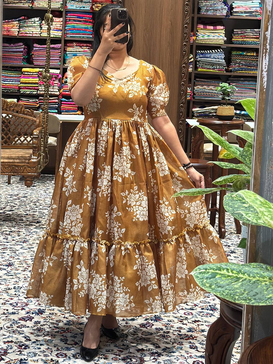 Honey Yellow Floral Midi Dress worn in fabric store