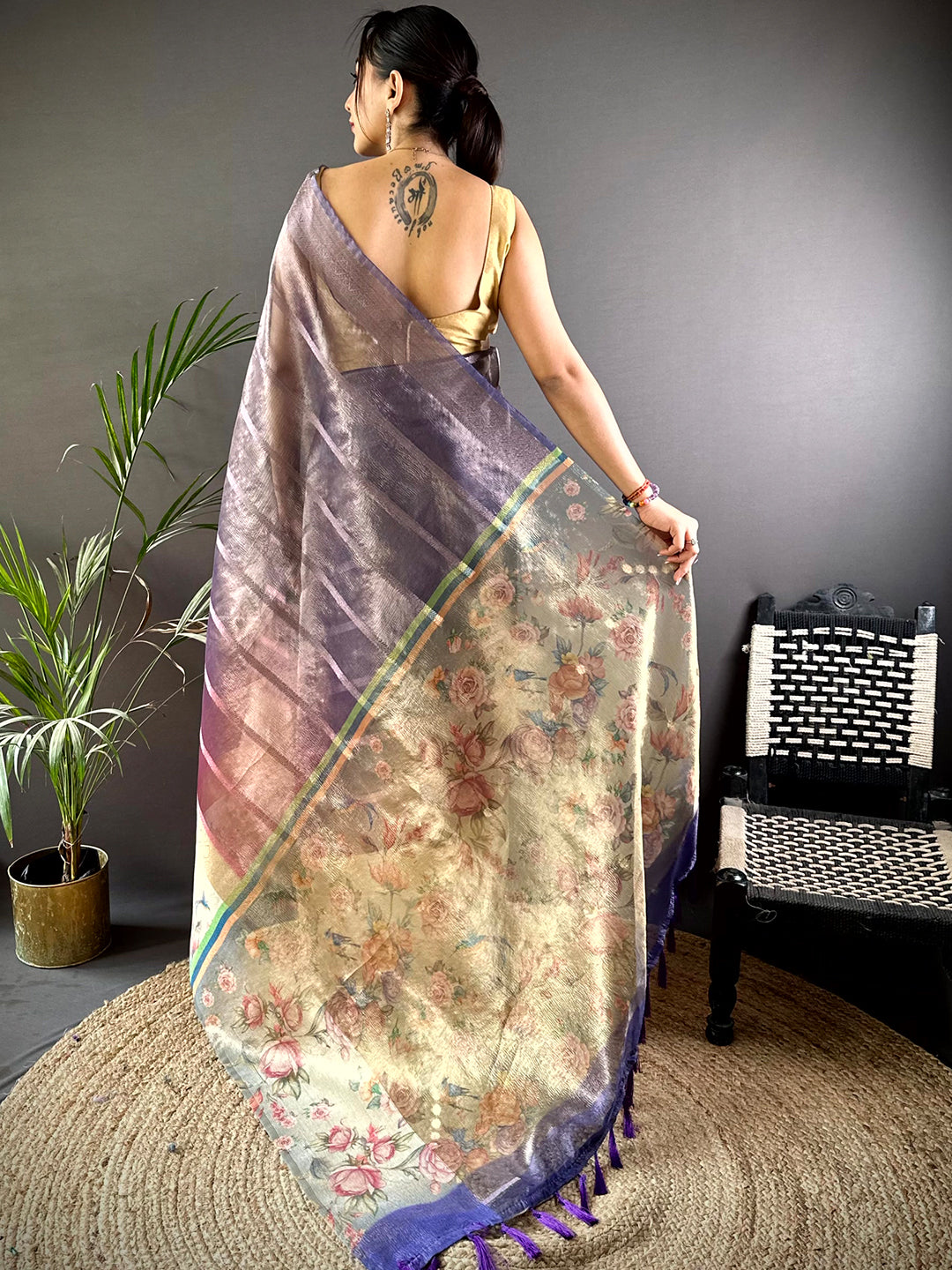 Purple Ombre Zari Tissue Digital Print Saree