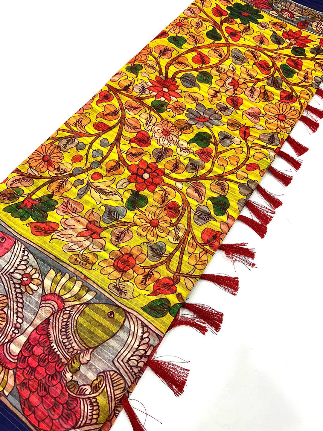 Sunshine Yellow Pen Kalamkari Linen Saree