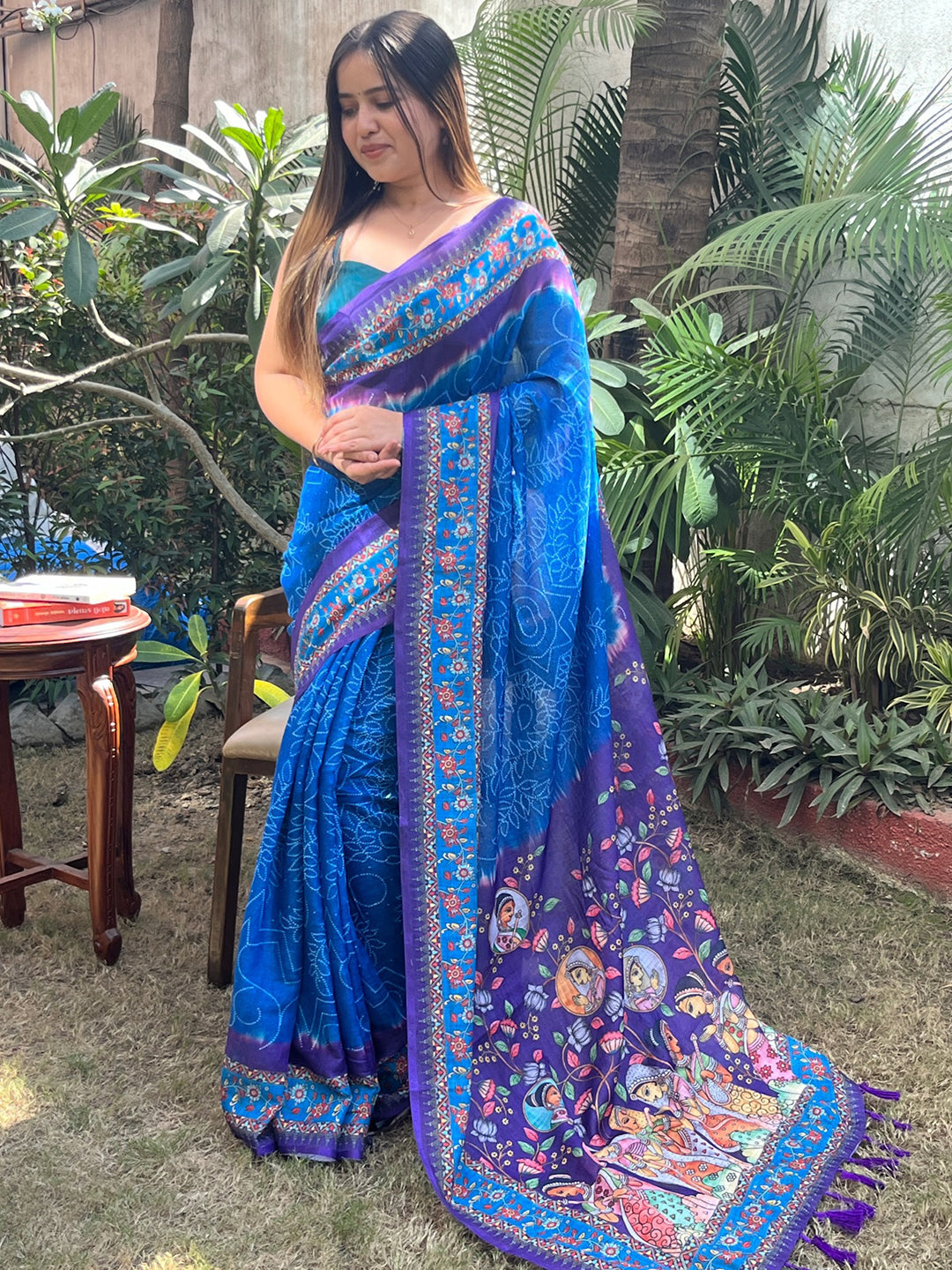 Designer Linen Saree in Royal Blue with Kalamkari Print