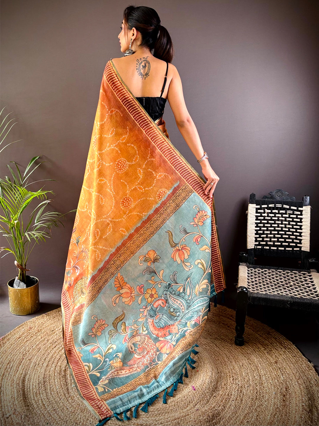 Orange Floral Chanderi Saree