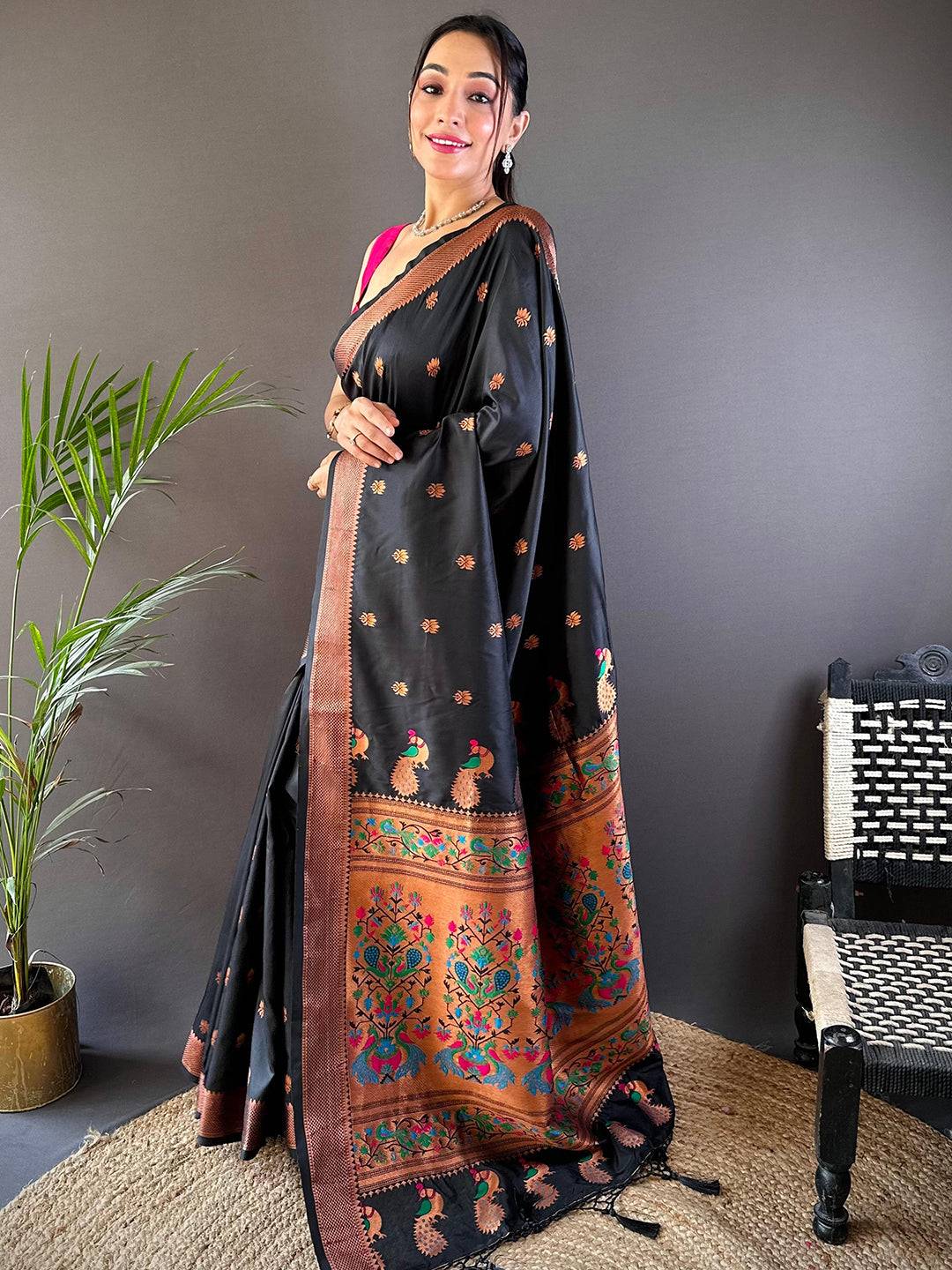 Copper Allure Soft Silk Black Saree