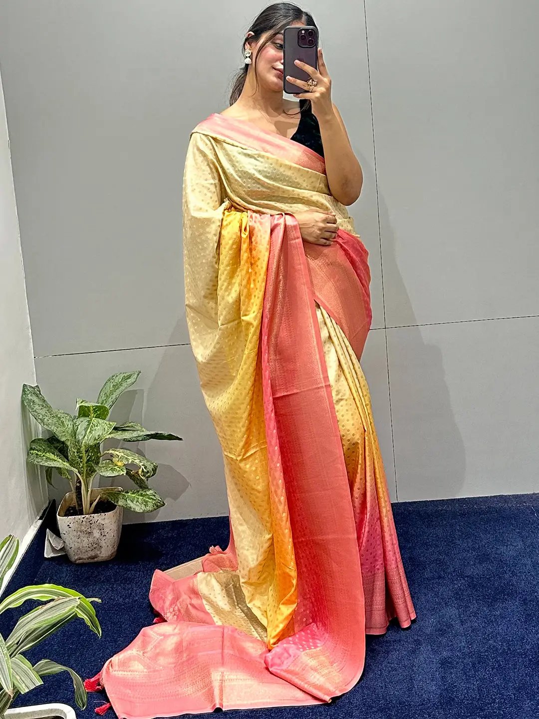 Model showcasing Banarasi Ombre Saree indoors