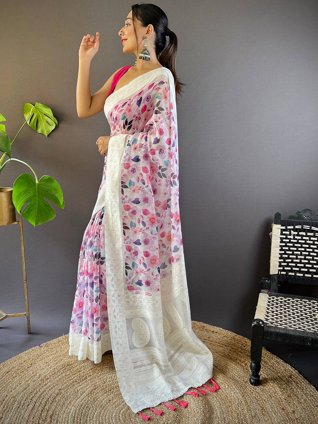 Radiant Lakhnavi Floral Print Saree