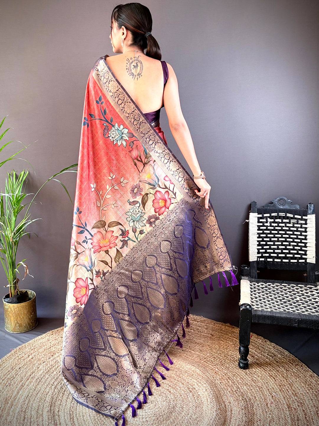 Red Ombre Floral Digital Print Saree