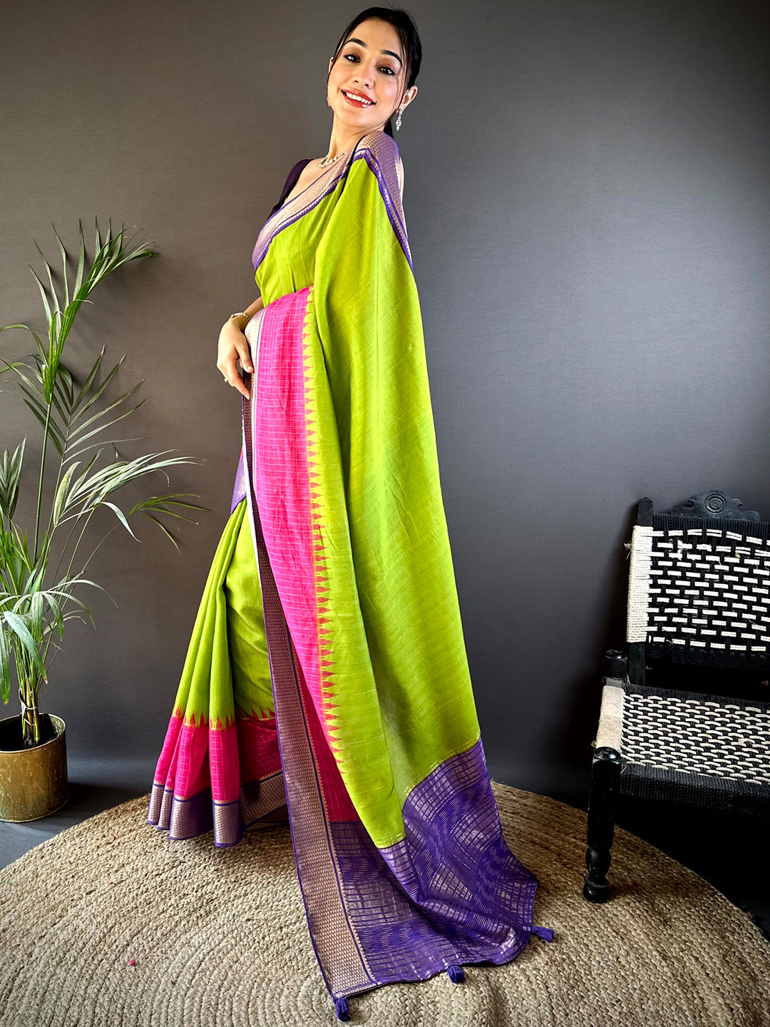 Volt Green Zari Pallu Cotton Viscose Saree