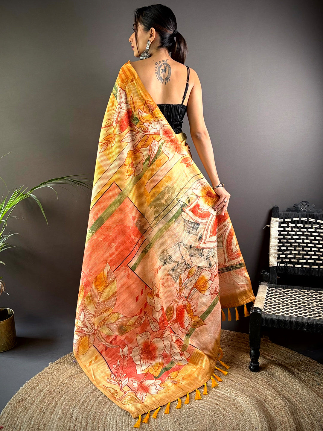 Yellow Tussar Silk Lush Botanical Prints Saree