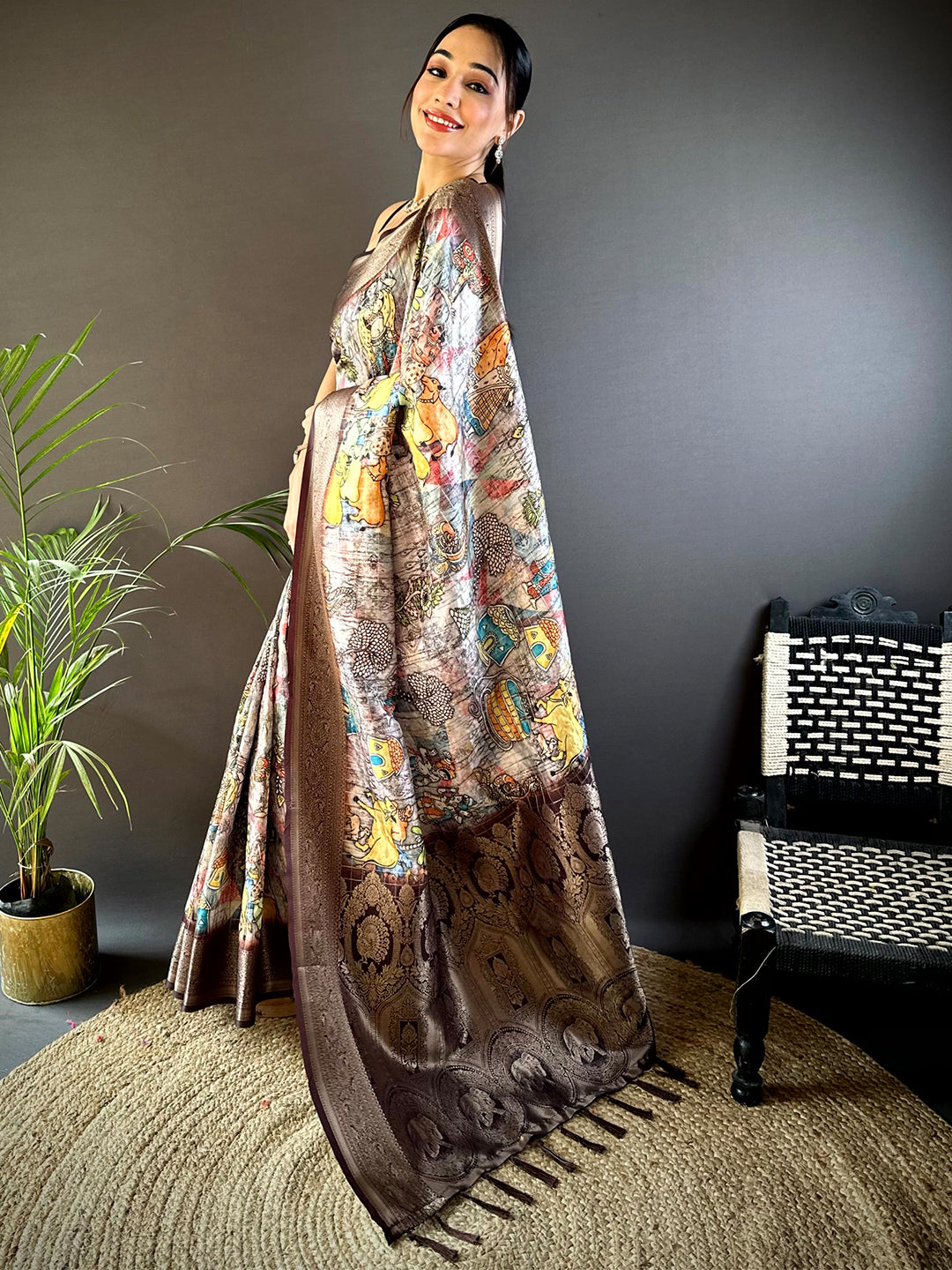 Brown Soft Silk Gold Zari Kalamkari Chex Saree