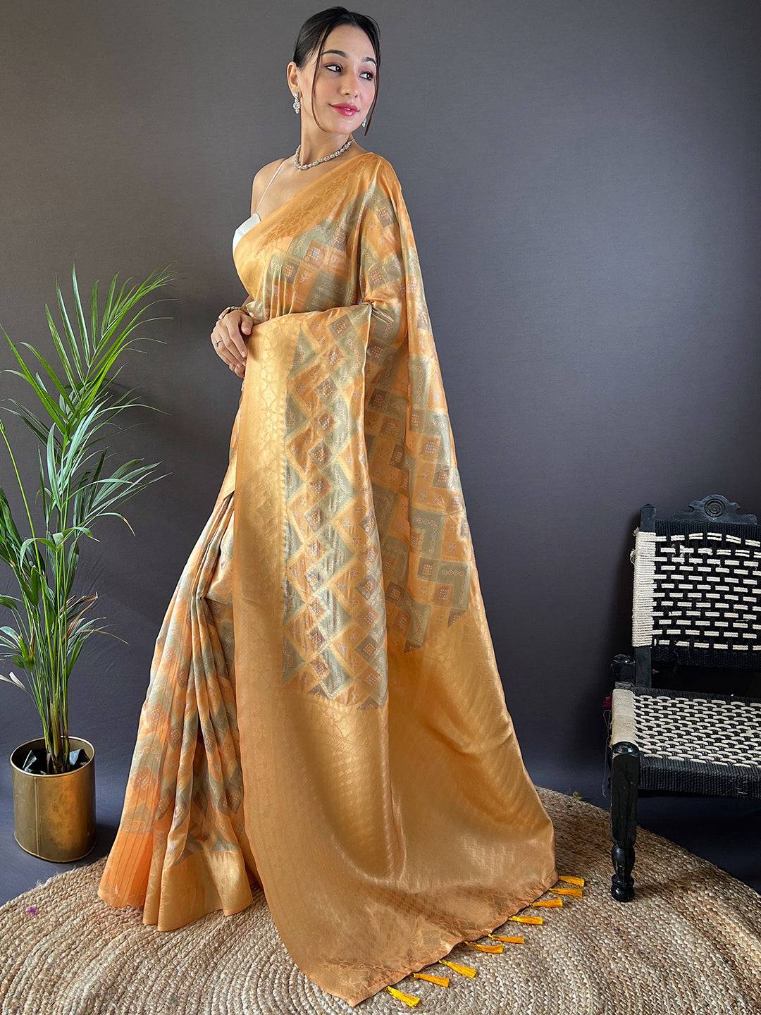 Traditional Honey Yellow Banarasi Saree with opulent design