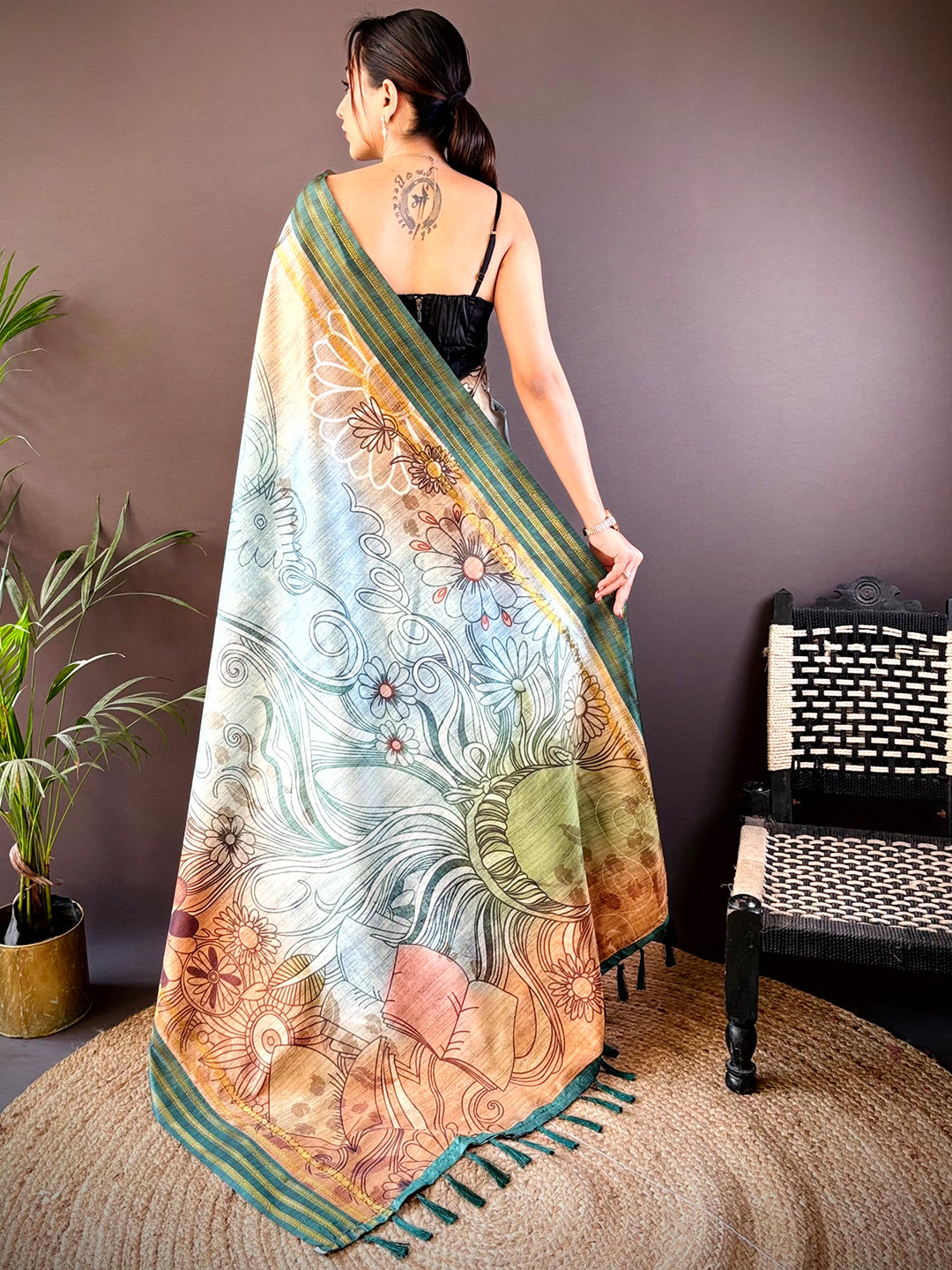 Teal Soft Silk Abstract Geometric Saree