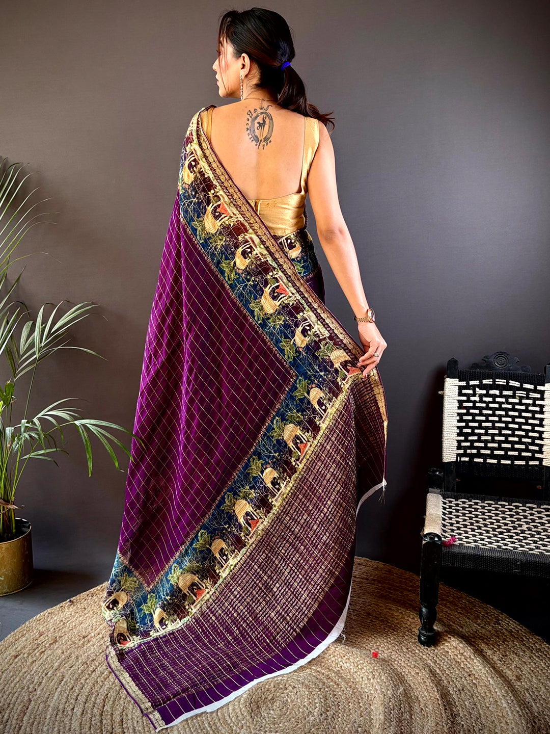 Violet Chinnon Chiffon Kalamkari Saree