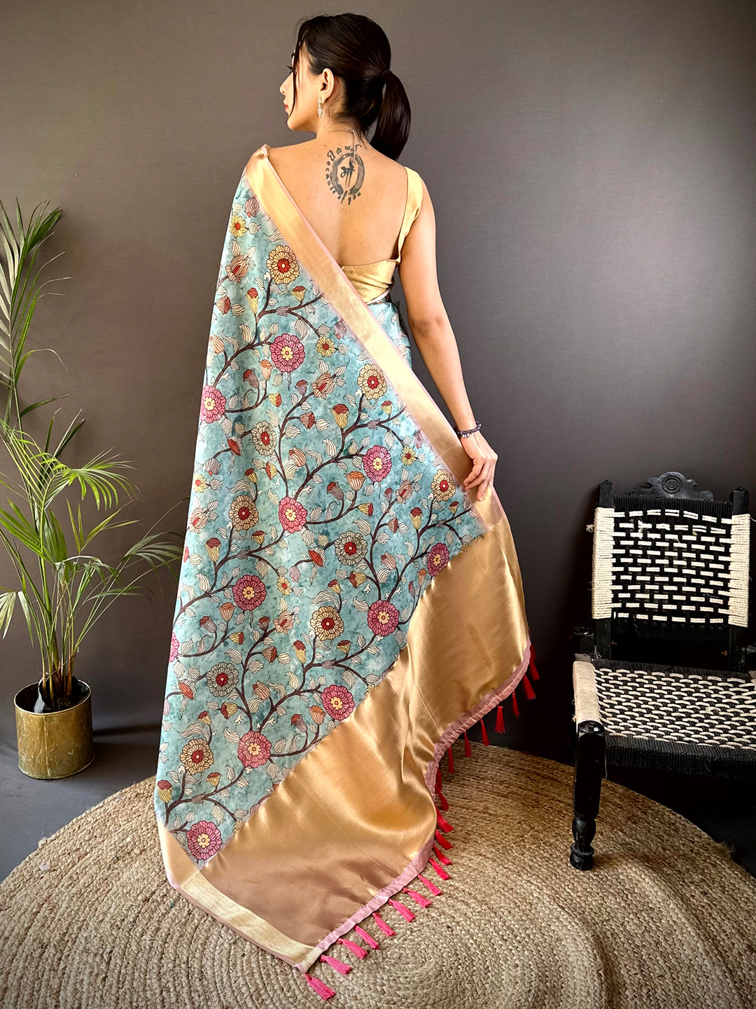 Sky Blue Soft Silk Tissue Floral Print Saree