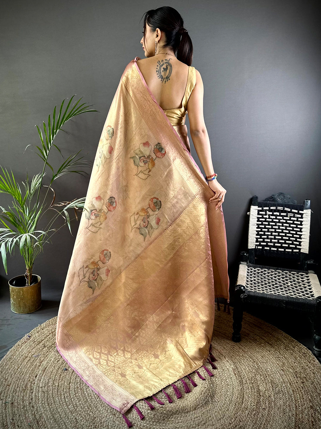 Stylish Dark Wine Self Gold Zari Floral Print Saree