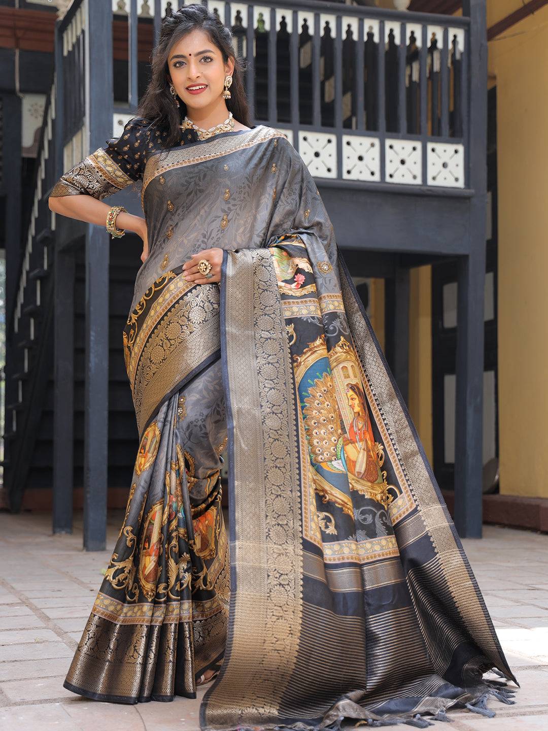 Grey Colour Viscose Dola Silk Saree With Zari Weaving Pallu