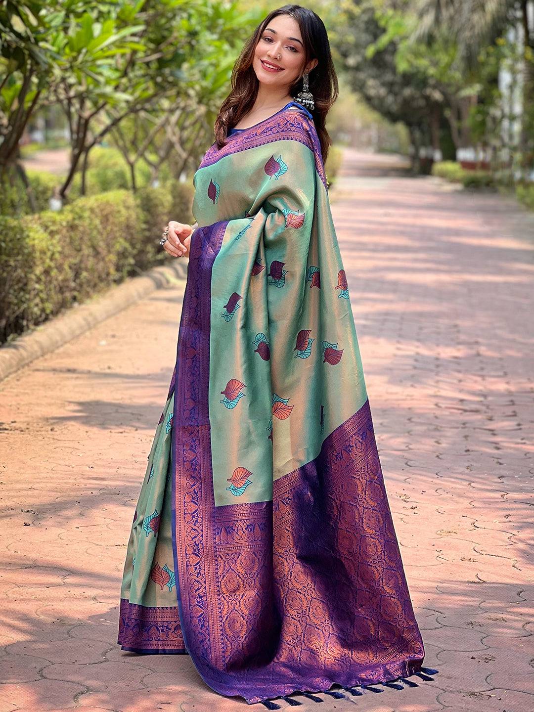 Pista Kanjivaram Tissue Saree With Gold Zari Weaving