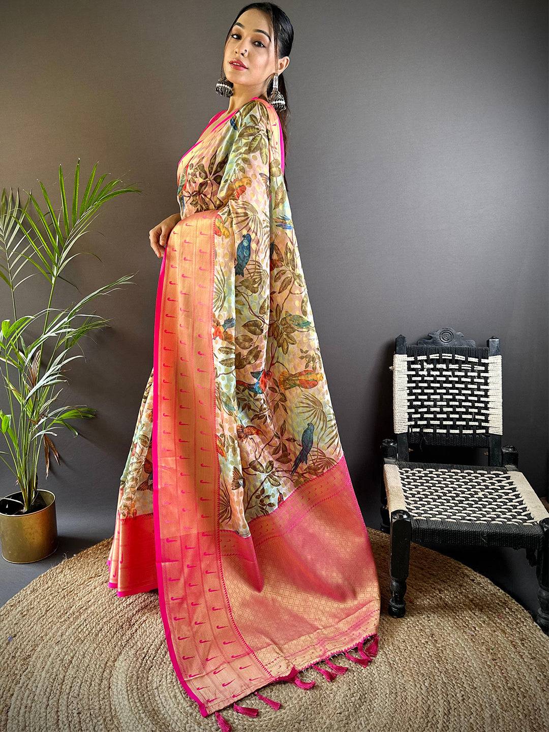 Tan Floral Paithani Kora Silk Saree