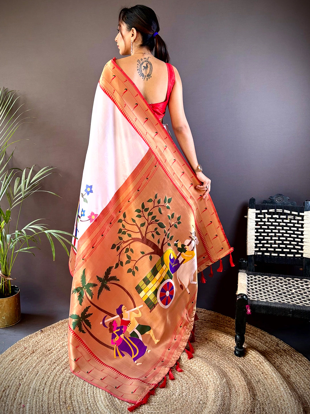 White Minakari Soft Silk Bird Print Saree