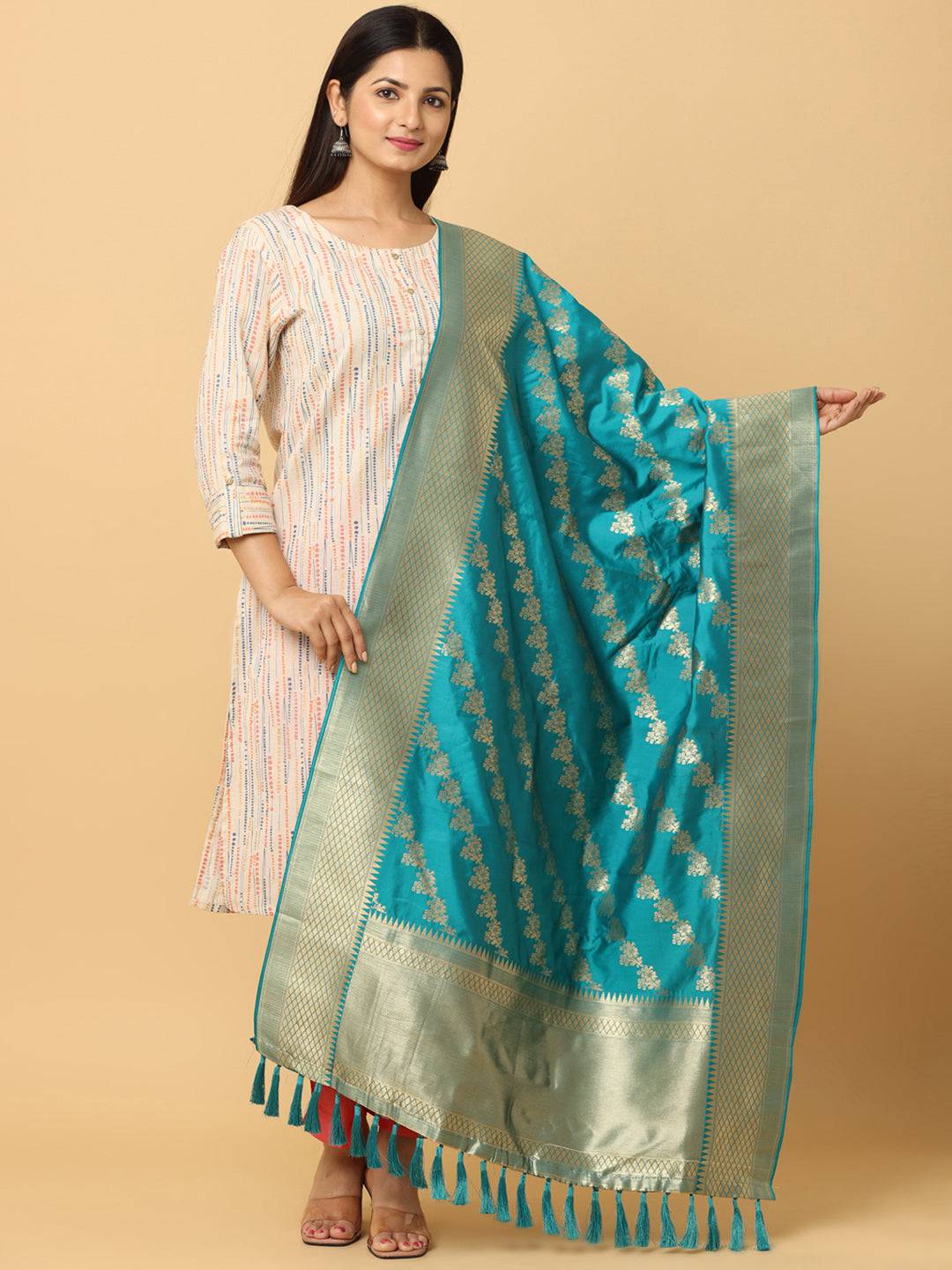 Rama Colour Woven Design Dupatta with Resham Tassels