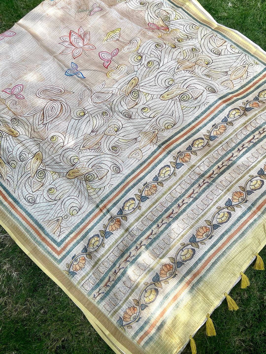 Yellow Kota Doriya Silk Saree With Flower Kalamkari Print
