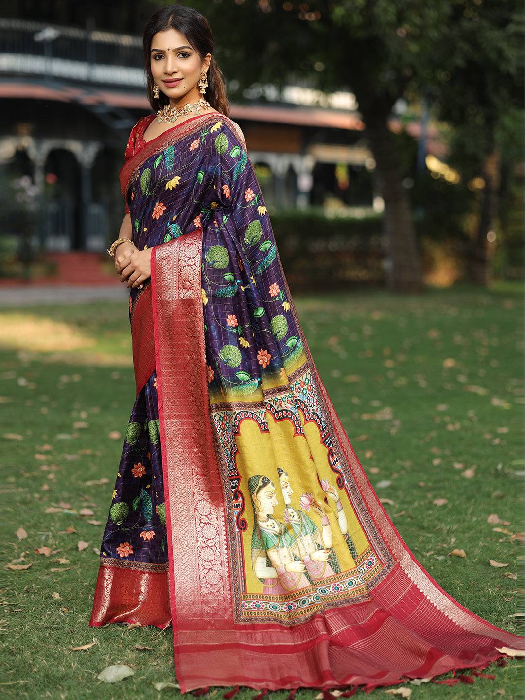 Navy Colour Pure Viscose Dola Silk Saree With Mughal Motifs