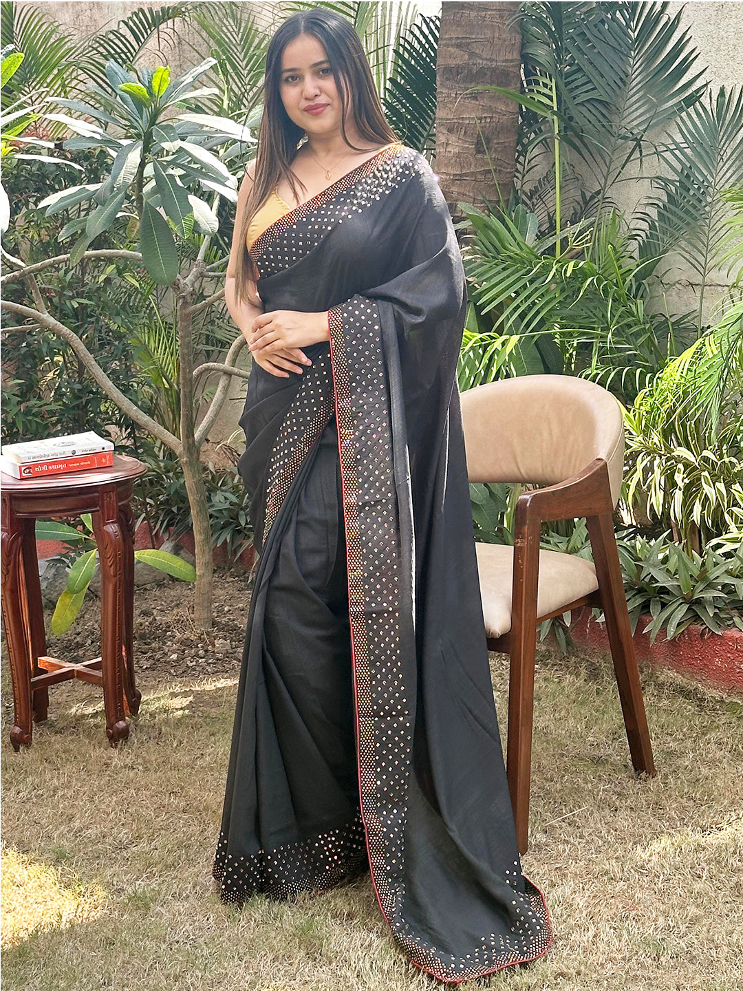 Black colour Vichitra Silk Saree With Embellish Swarovski Stone work