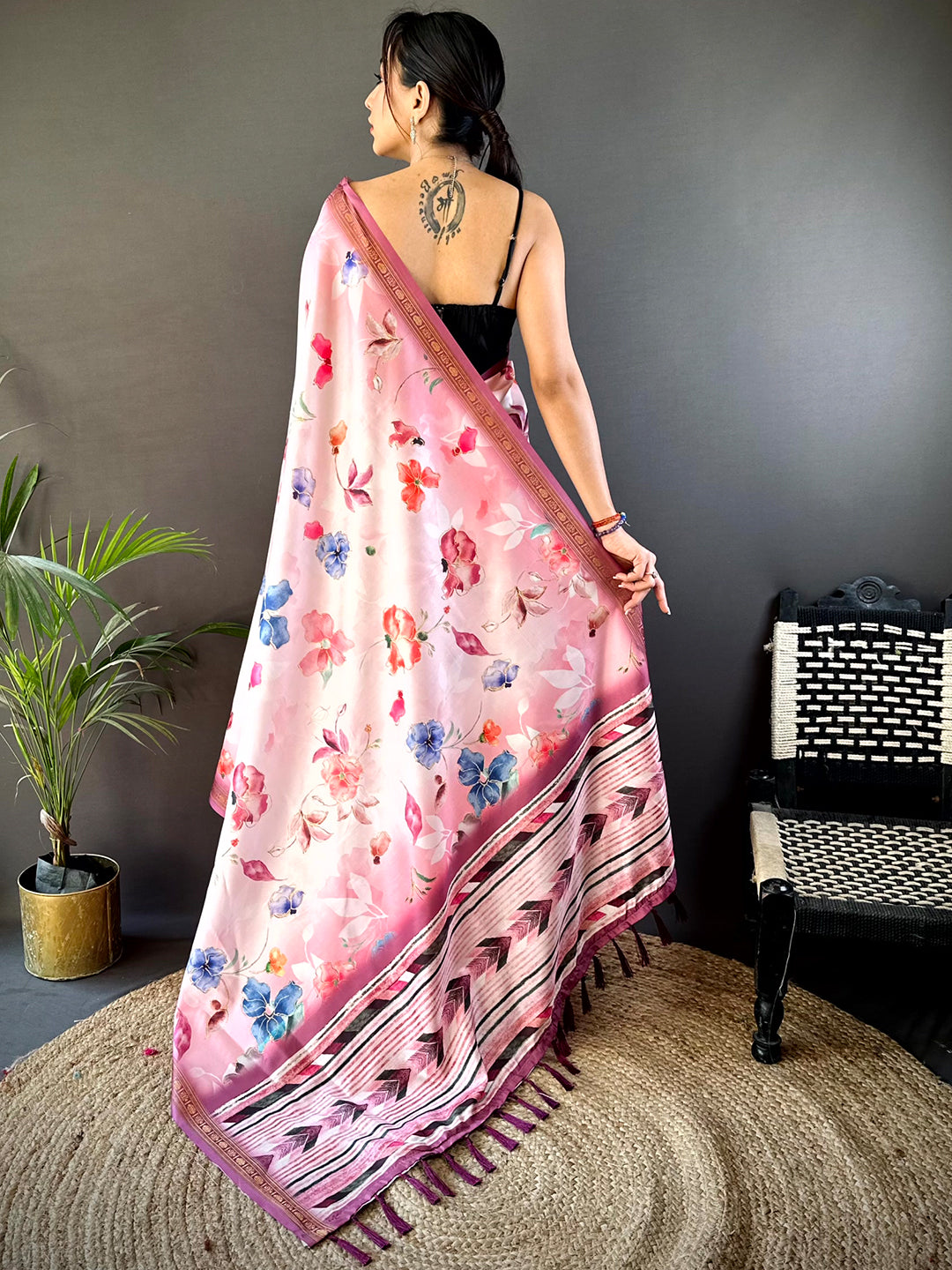 Blush Pink Floral Digital Print Silk Saree