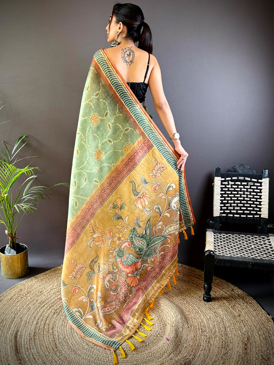 Fern Green Floral Chanderi Saree